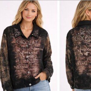 Cactus Chocolate Jacket XL Brown Embellished Front/Back Art to Wear Cafe Boho